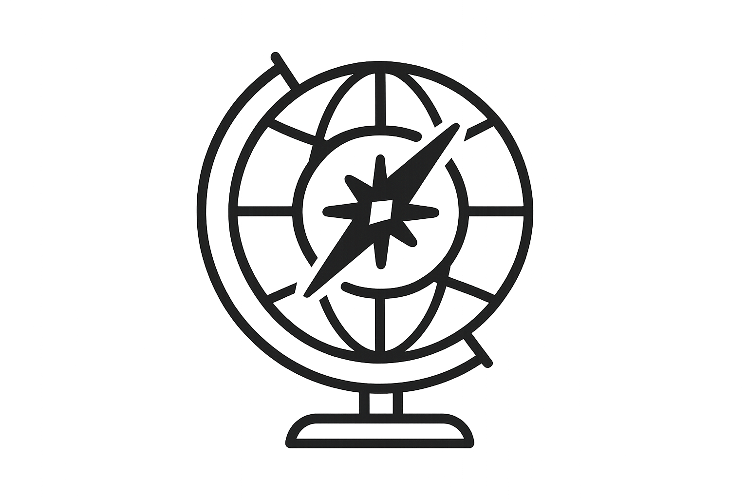 „Minimalistisches, schwarz-weiß Icon einer kleinen Weltkugel oder Kompass, dünne Linien, linearer Stil, flat design, transparenter Hintergrund, keine Schattierungen, clean, modern, vermittelt Reise, Abenteuer und Lifestyle.“