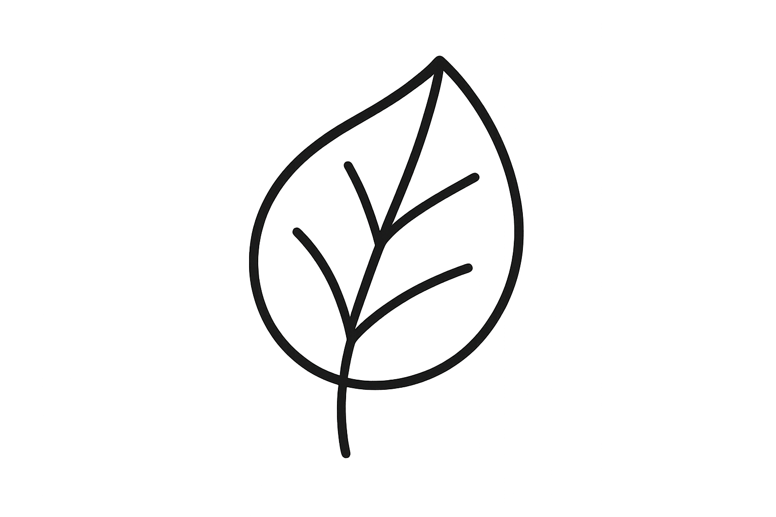 „Minimalistisches, schwarz-weiß Icon eines Blattes Dünne Linien, lineares Design, Flat-Style, sauberer transparenter Hintergrund, modern und elegant, keine Schattierungen, einfache Formen, Icon soll Nachhaltigkeit und Qualität symbolisieren.“