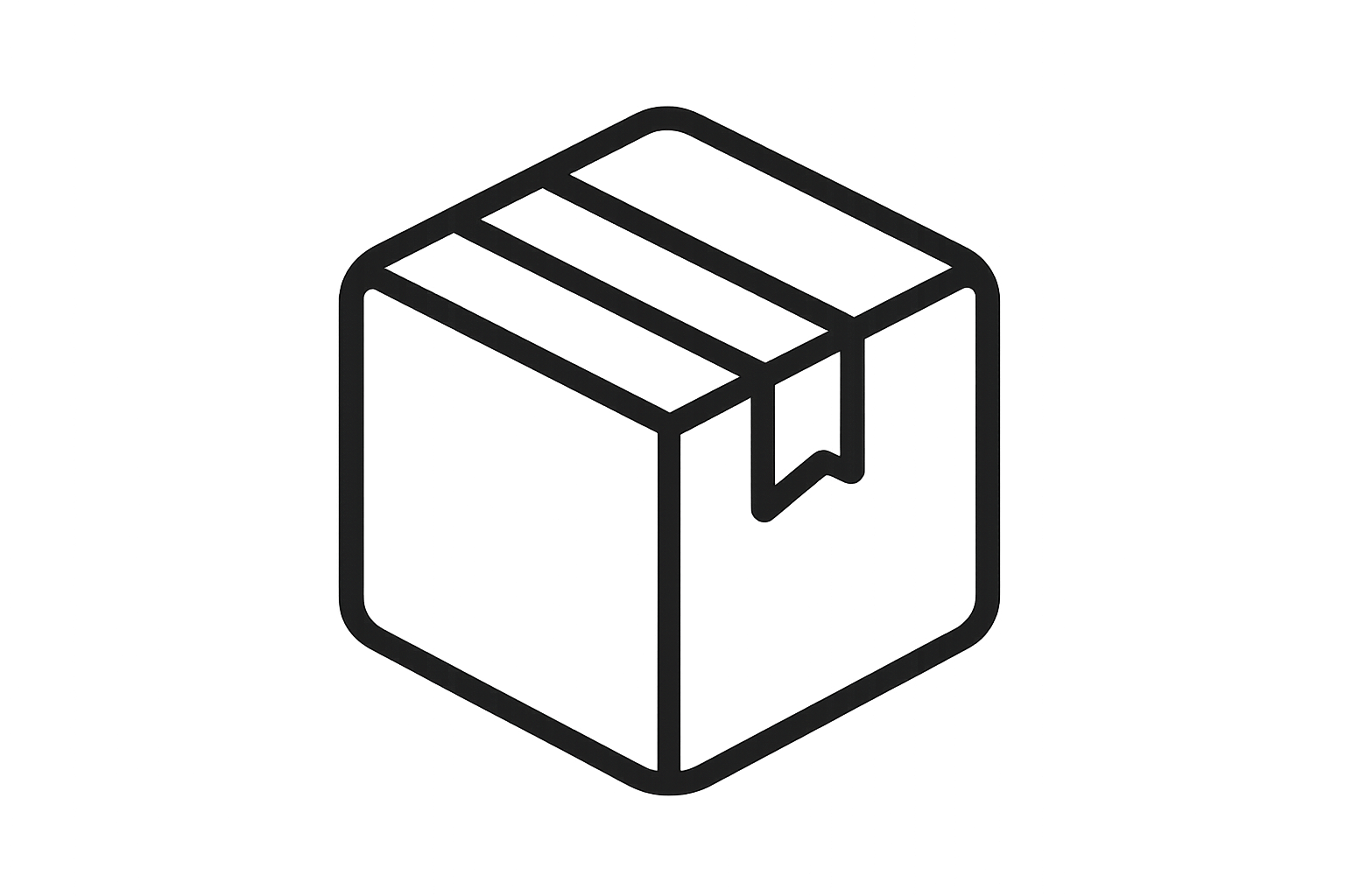 „Minimalistisches, schwarz-weiß Icon eines stilisierten Pakets ohne Pfeilen, aber transparenter Hintergrund. Klare, dünne Linien, keine Schattierungen, moderner Flat-Design-Look, runder Abschluss, auf weißem Hintergrund. Kein Text, nur Symbol, sauber und elegant.“